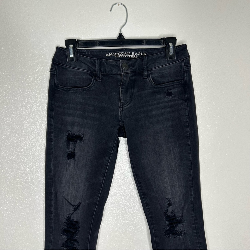 American Eagle Outfitters Black Ripped Super Stretch X4 Super Low Jegging Size 4 - Picture 2 of 10